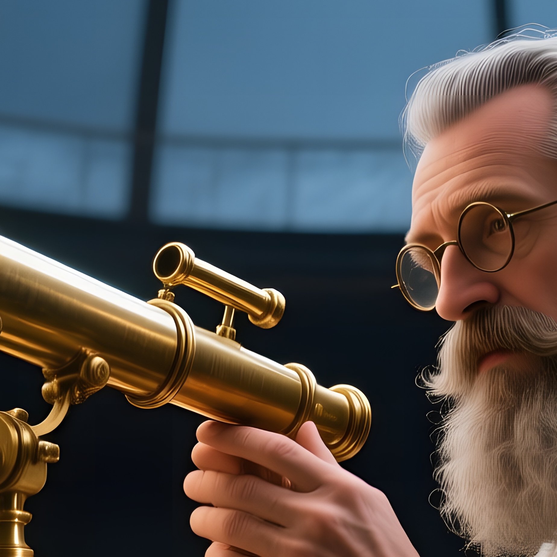 A Victorian Era Scientist With A Wild Gray Beard Examines A Brass Telescope In An Observatory Dome, - Full Resolution Quality Preview