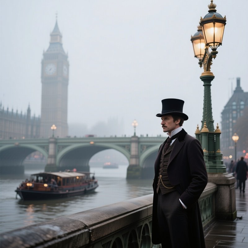 A Victorian Gentleman In A Top Hat Stands On A Foggy London Bridge, Gas Lamps Flickering, River