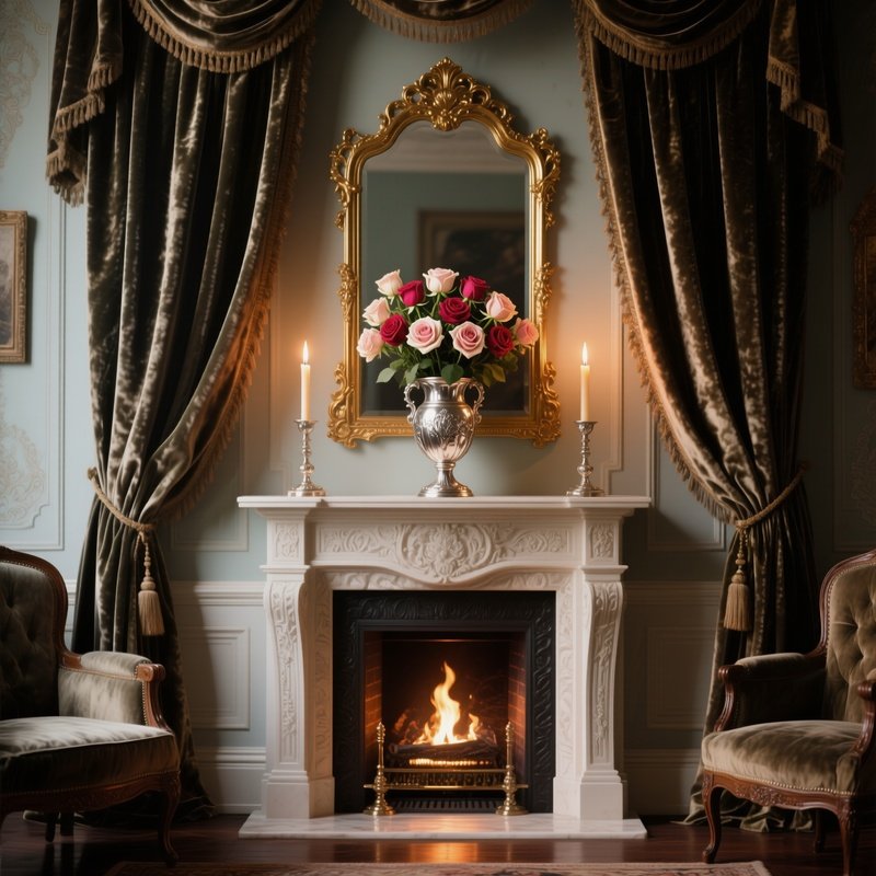 A Victorian Parlor Altar Beside A Fireplace, Plush Velvet Curtains Framing A Gilt Mirror, An Ornate