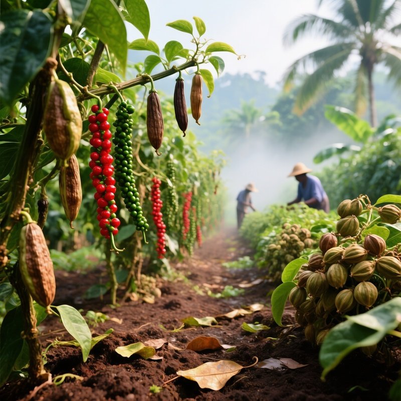 A View Of A Spice Plantation With Fresh Vanilla Pepper And Cardamom Growing