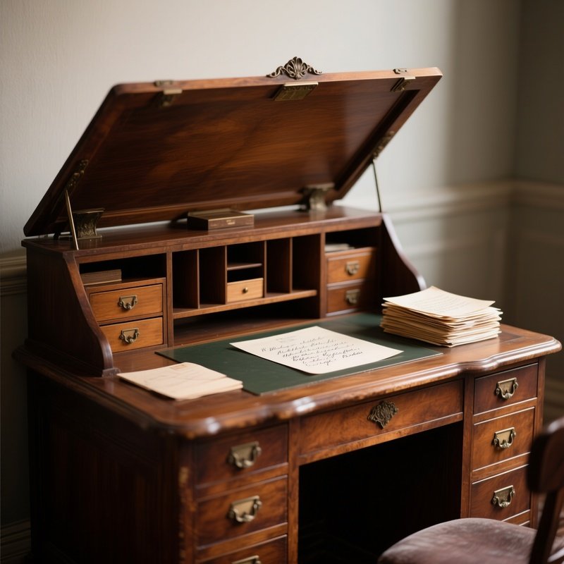A Vintage Antique Secretary Desk With The Writing Flap Down, Revealing Hidden Compartments, Small Drawers, And A Stack Of Handwritten Letters.