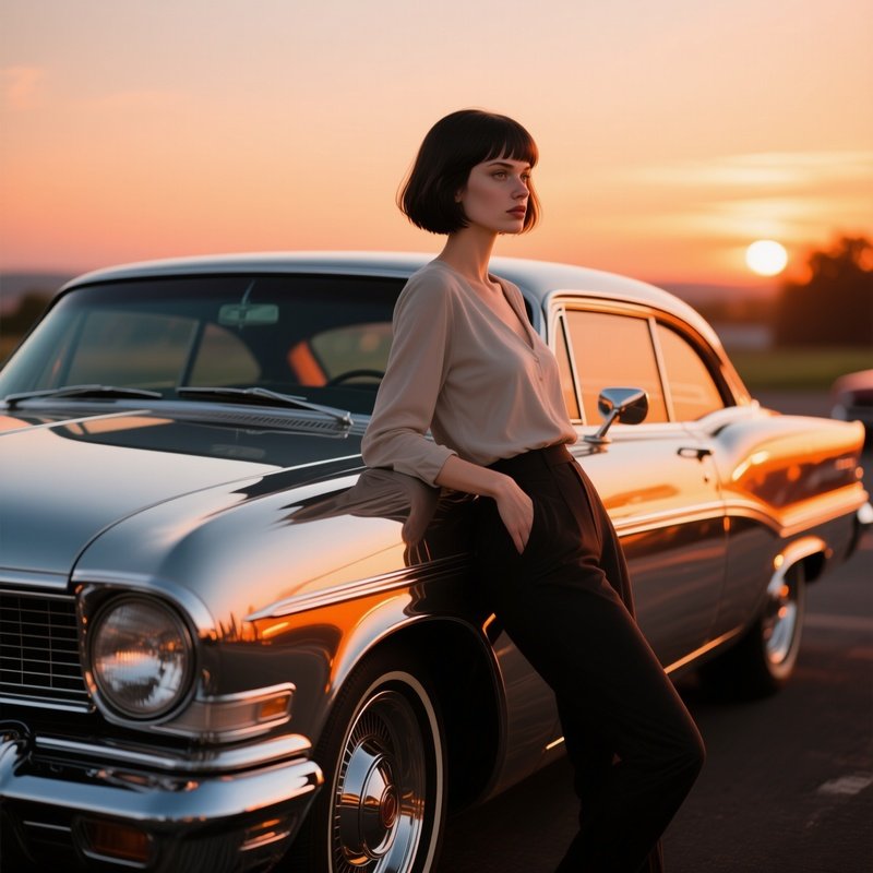 A Vintage Car Collector With A Tidy Bob Leans Against A Polished Chrome Classic At Sunset, Warm