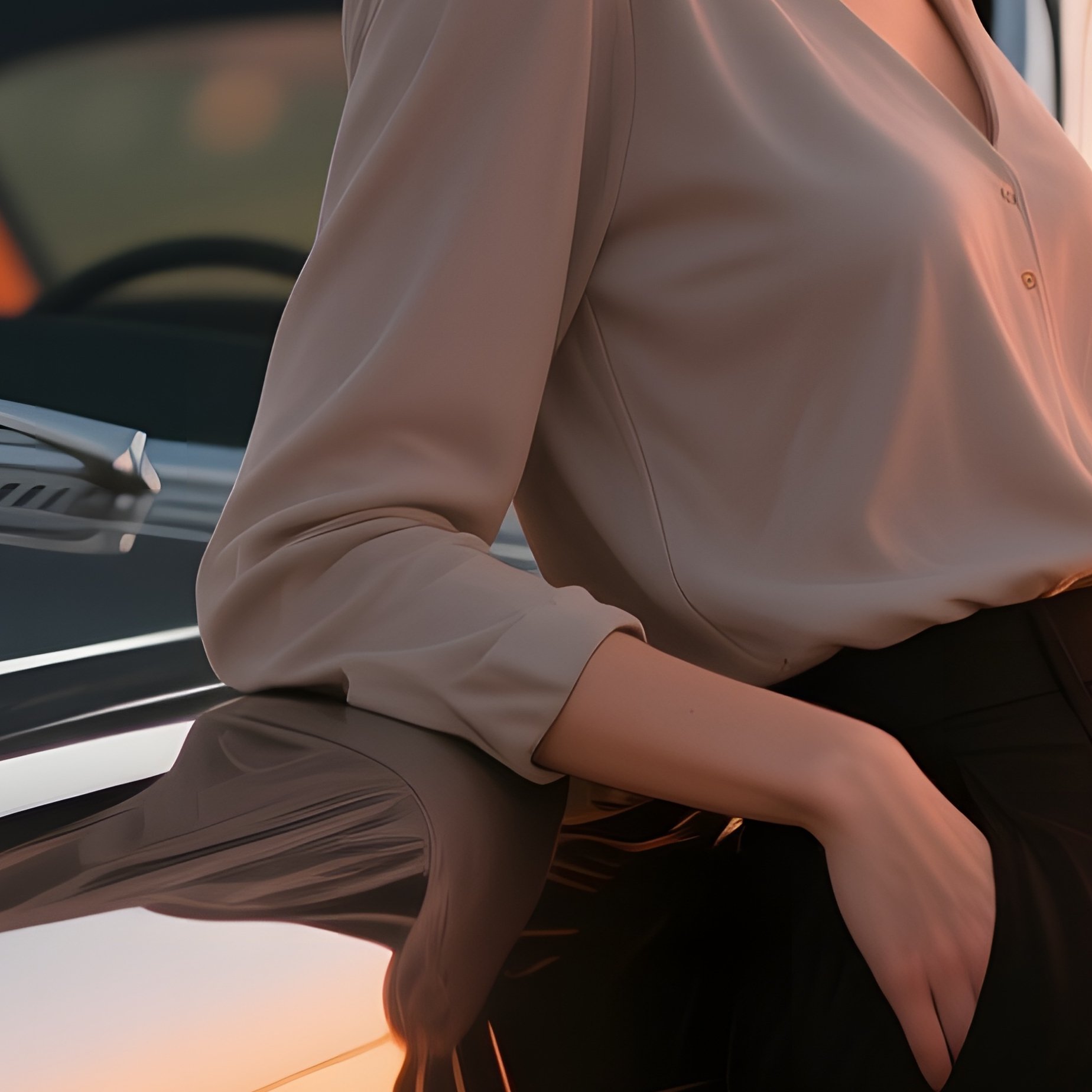 A Vintage Car Collector With A Tidy Bob Leans Against A Polished Chrome Classic At Sunset, Warm - Full Resolution Quality Preview