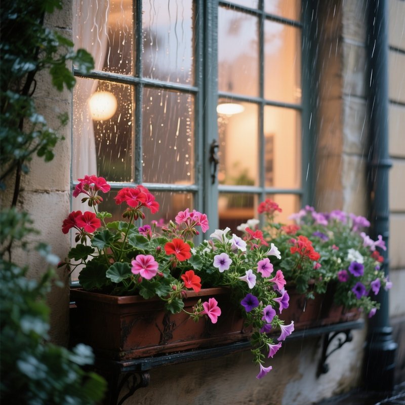 A Vintage French Window Box Overflowing With Geraniums And Petunias, Rain Streaking The Glass, Soft