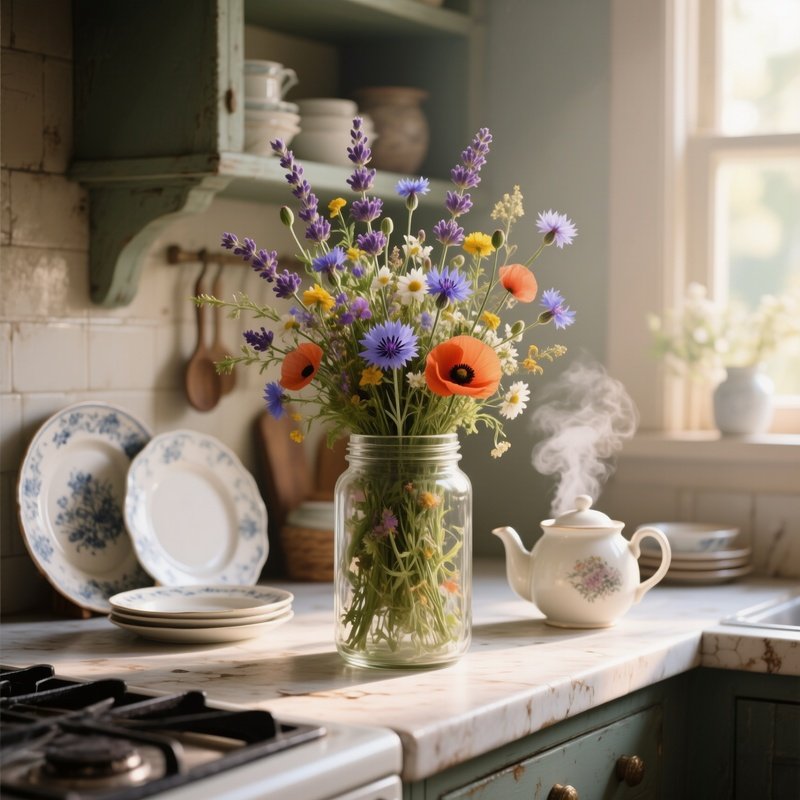 A Vintage Kitchen Countertop Bathed In Morning Light, Featuring A Tall Glass Jar Overflowing With