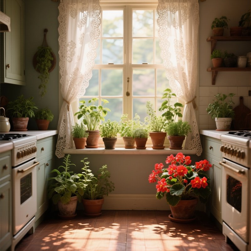 A Vintage Kitchen Window Sill Overflowing With Potted Herbs And Bright Begonias, Sunlight Filtering