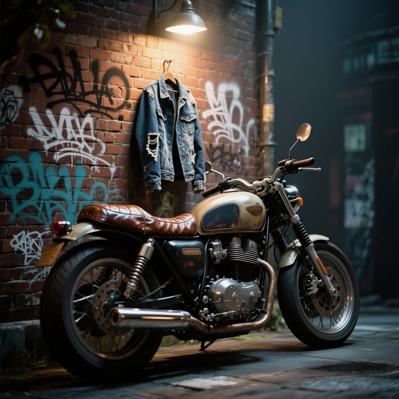A Vintage Motorcycle Parked Against A Brick Wall Covered In Graffiti, Its Leather Seat Gleaming