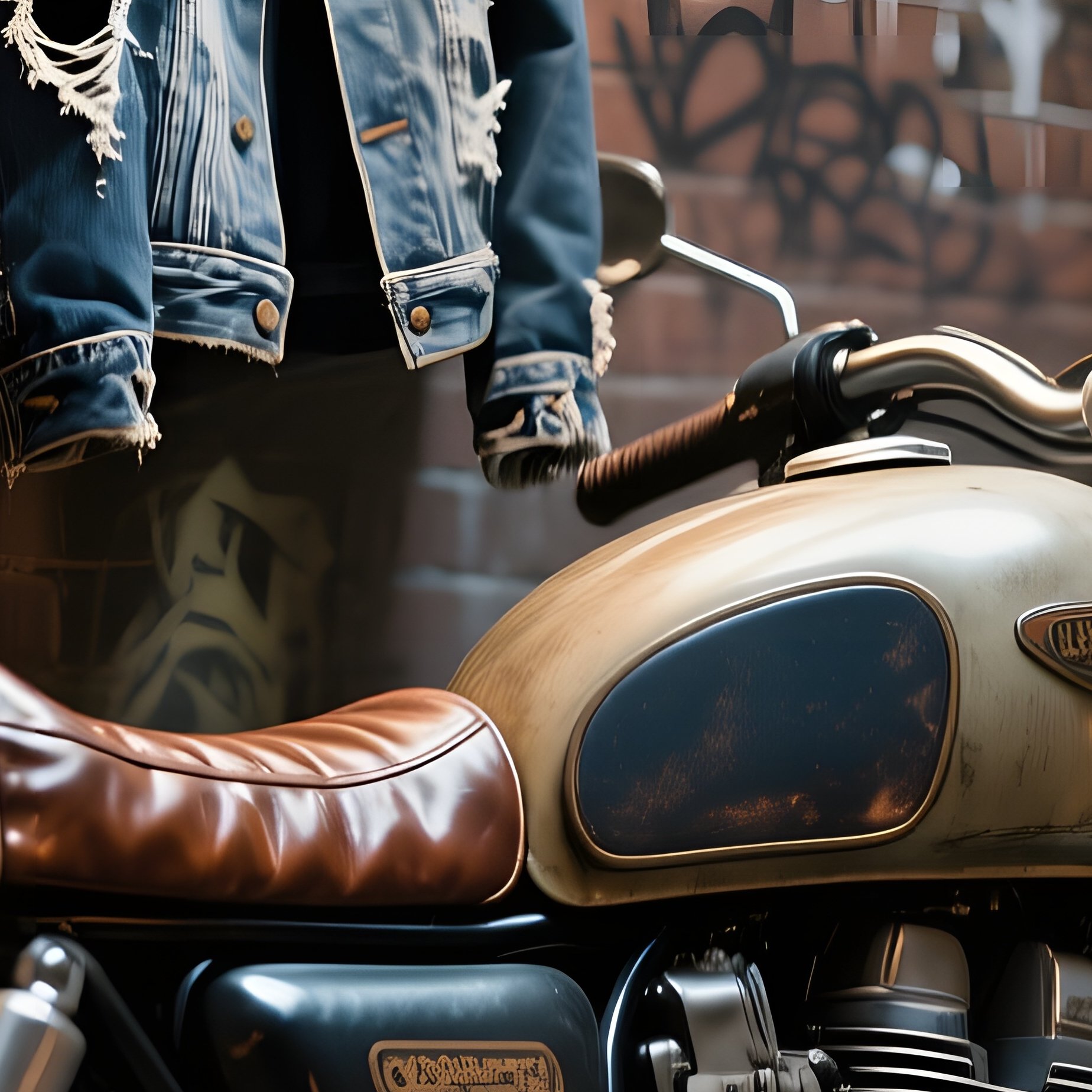 A Vintage Motorcycle Parked Against A Brick Wall Covered In Graffiti, Its Leather Seat Gleaming - Full Resolution Quality Preview