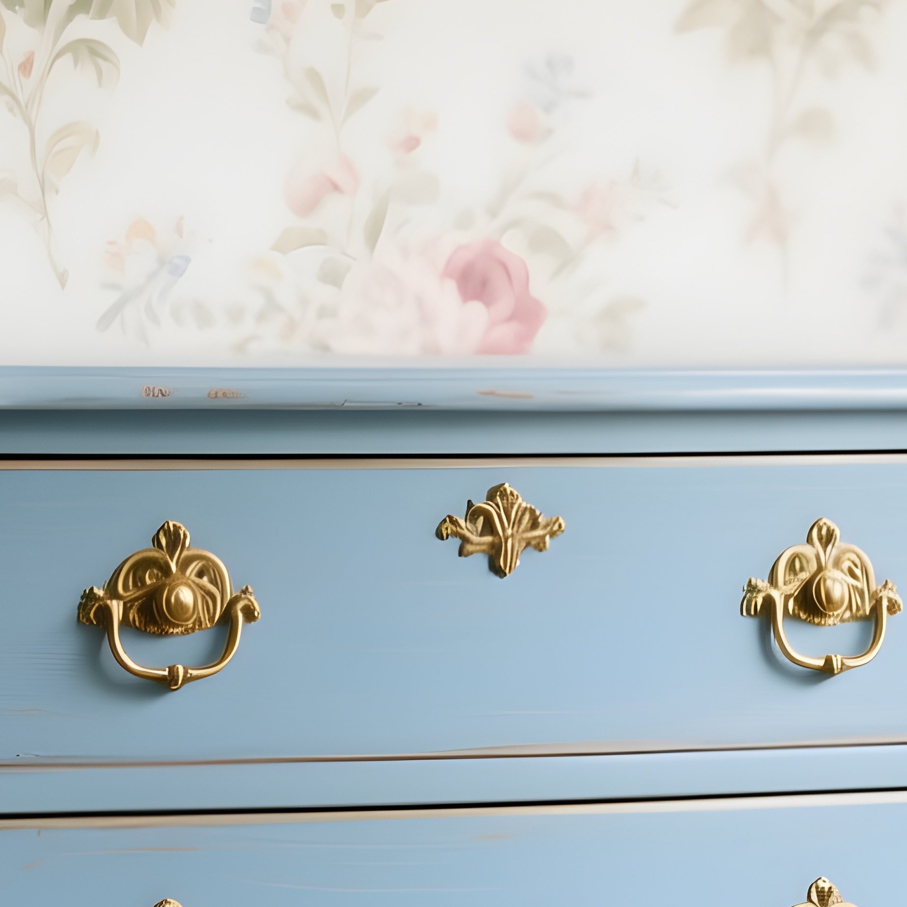 A Vintage Painted Blue Chest Of Drawers With Ornate Brass Handles, Standing Against Romantic Floral Wallpaper In A Charming, Cottage Style Bedroom. - Full Resolution Quality Preview