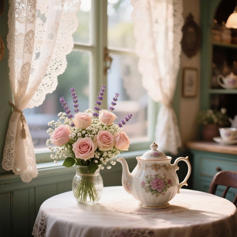 A Vintage Tea Shop Interior With Lace Curtains, Where An Ornate Porcelain Teapot Sits Beside A