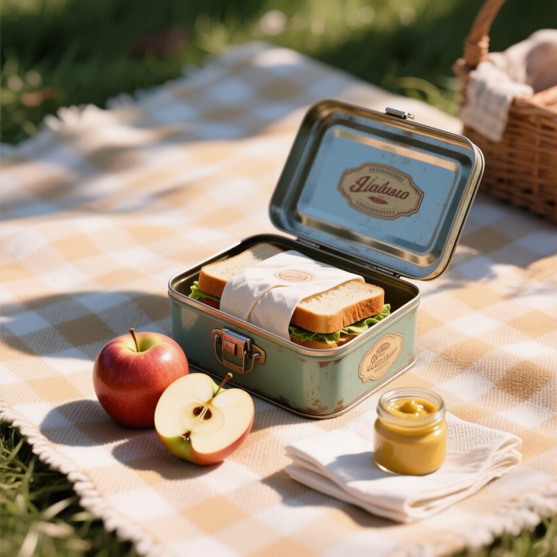 A Vintage Tin Lunchbox Opened On A Picnic Blanket At Noon, Revealing A Neatly Wrapped Sandwich, An