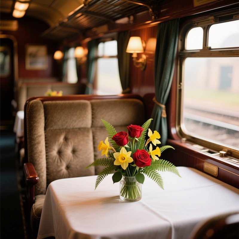 A Vintage Train Carriage Interior With Plush Seats, Where A Small Floral Centerpiece Of Red Roses,