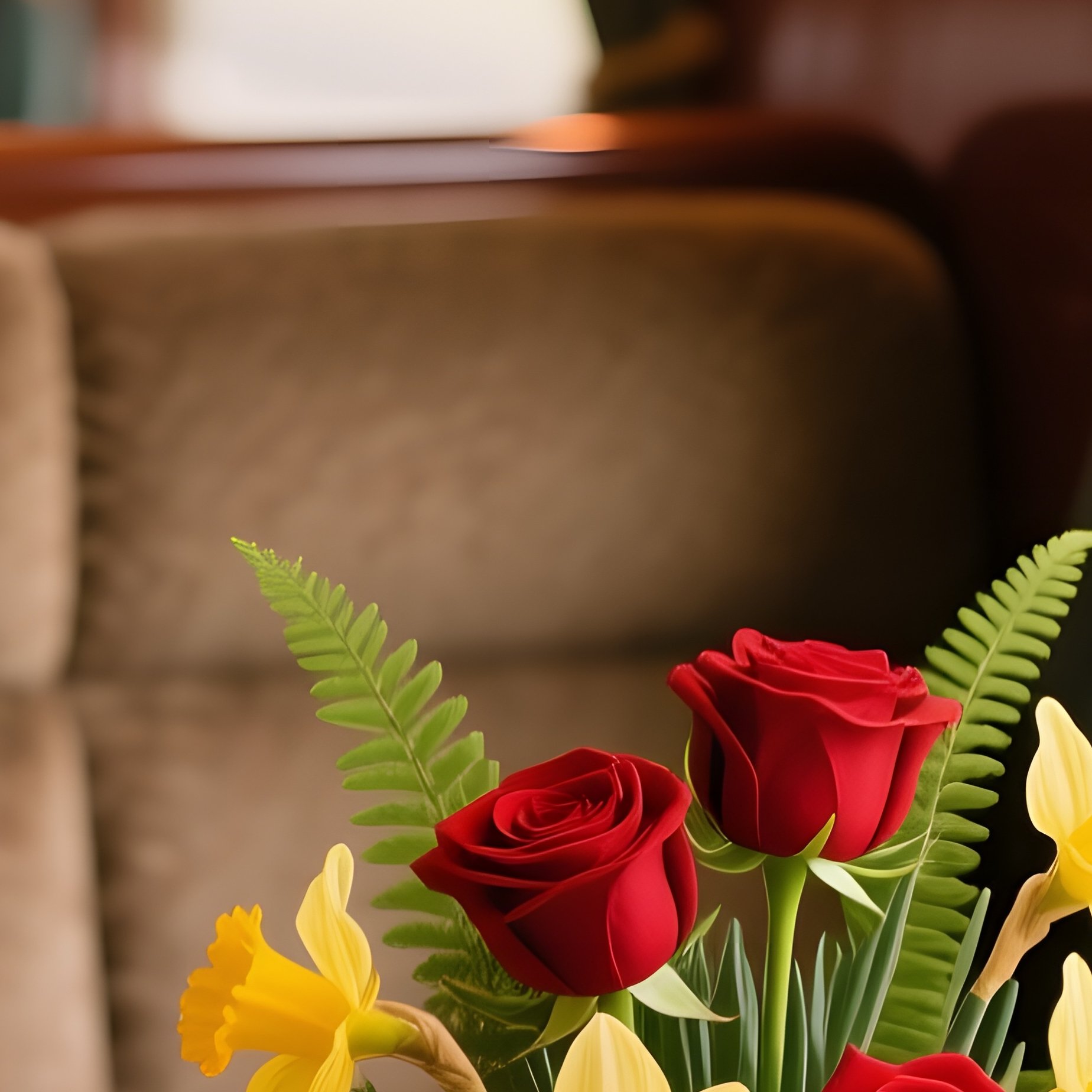 A Vintage Train Carriage Interior With Plush Seats, Where A Small Floral Centerpiece Of Red Roses, - Full Resolution Quality Preview