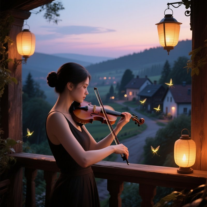 A Violinist With A Sleek Low Bun Practices On A Wooden Balcony Overlooking A Quiet Village At Dusk,