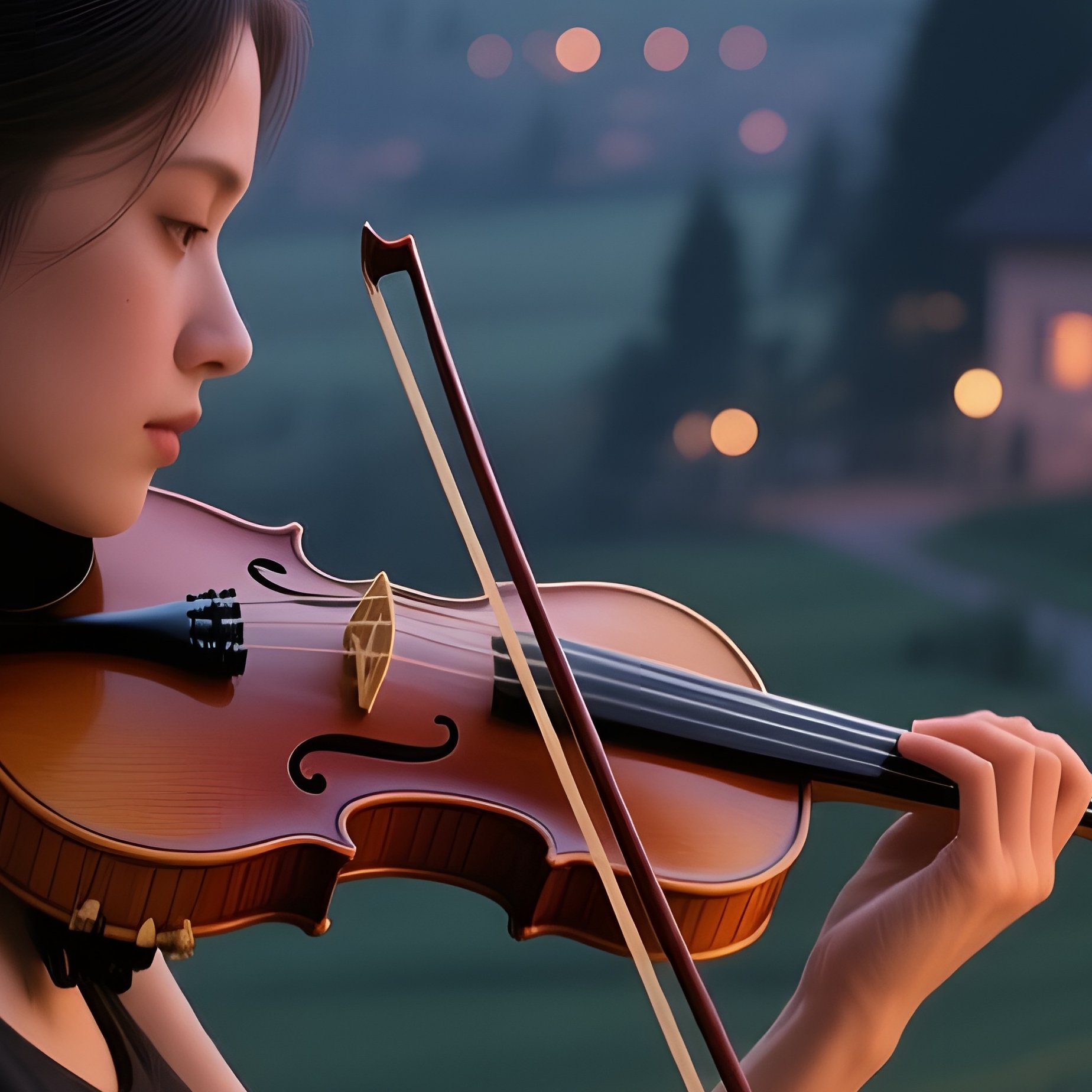 A Violinist With A Sleek Low Bun Practices On A Wooden Balcony Overlooking A Quiet Village At Dusk, - Full Resolution Quality Preview