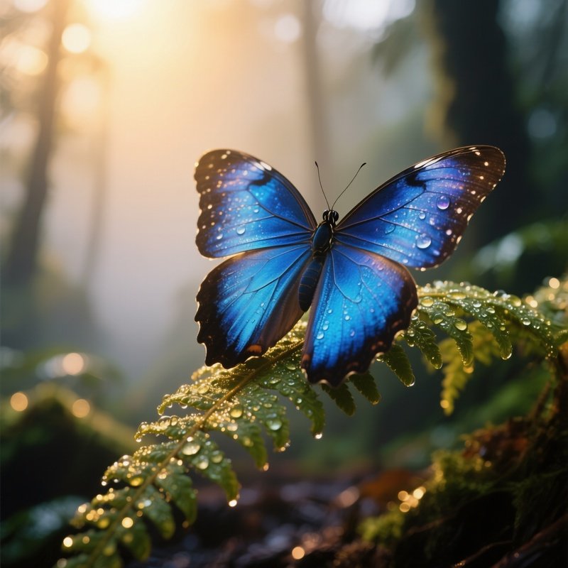 A Vivid Macro Shot Of A Sapphire Blue Morpho Butterfly Perched On A Dew‑Covered Fern Frond At
