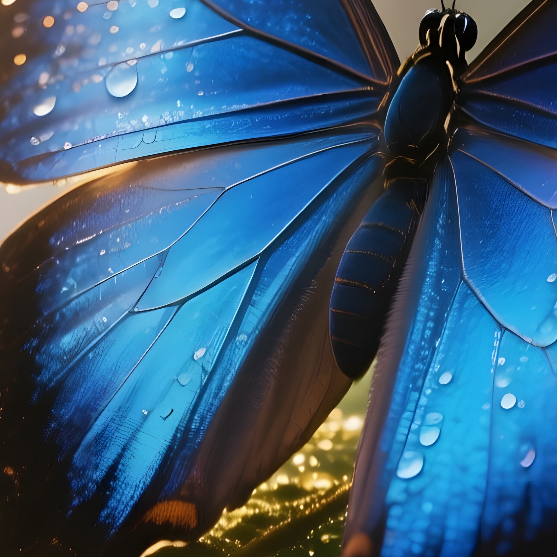 A Vivid Macro Shot Of A Sapphire Blue Morpho Butterfly Perched On A Dew‑Covered Fern Frond At - Full Resolution Quality Preview