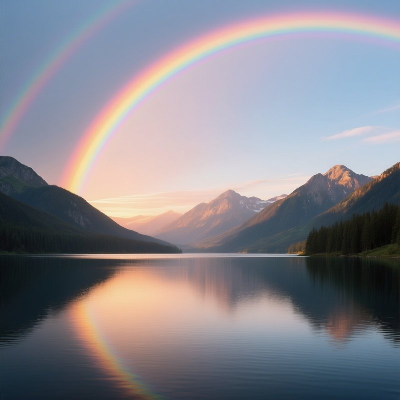 A Vivid Rainbow Arching Over A Calm Mountain Lake At Sunrise