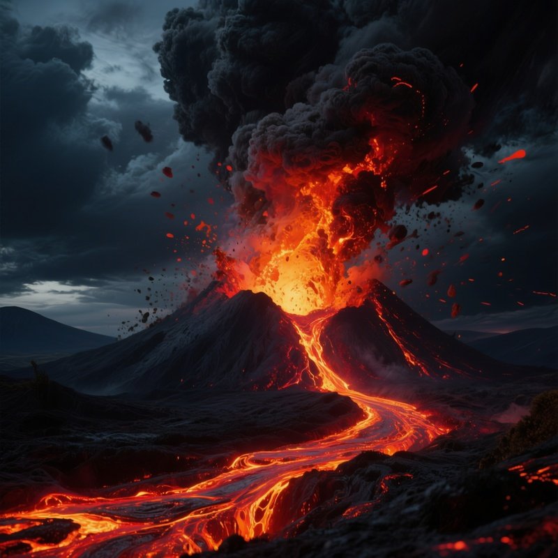 A Volcanic Eruption At Night, Lava Spewing In Molten Orange And Red Streams Against A Sky Of