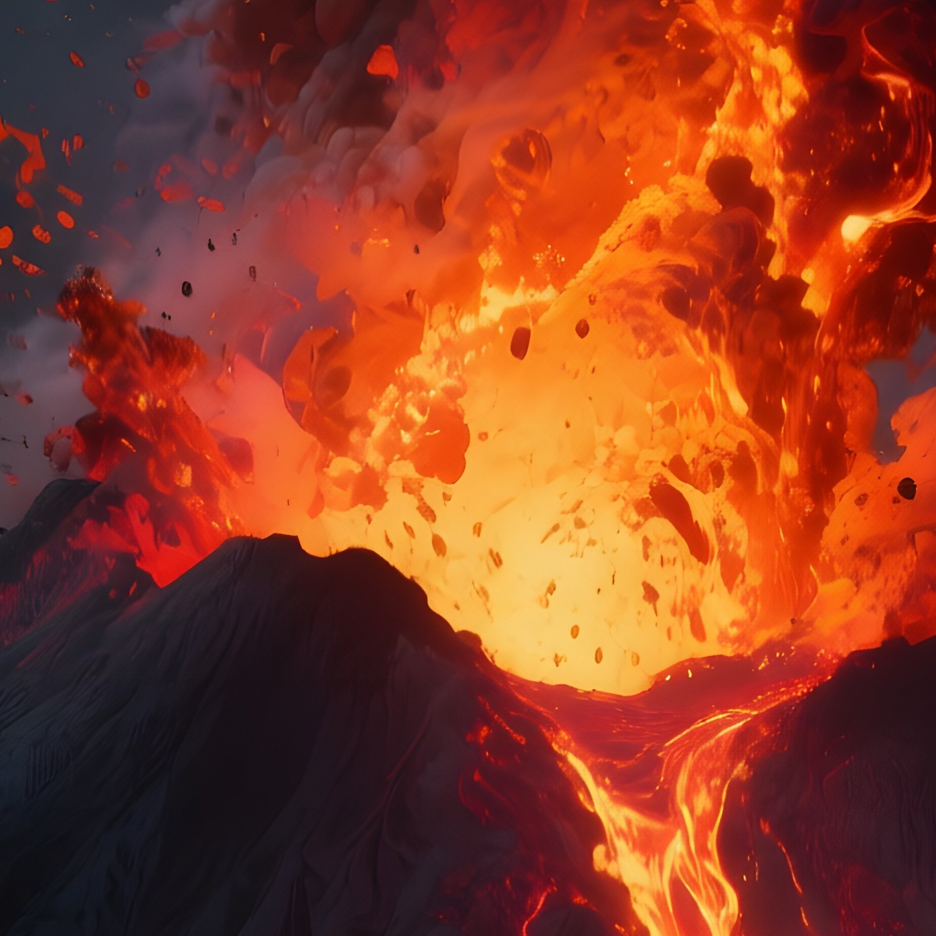 A Volcanic Eruption At Night, Lava Spewing In Molten Orange And Red Streams Against A Sky Of - Full Resolution Quality Preview