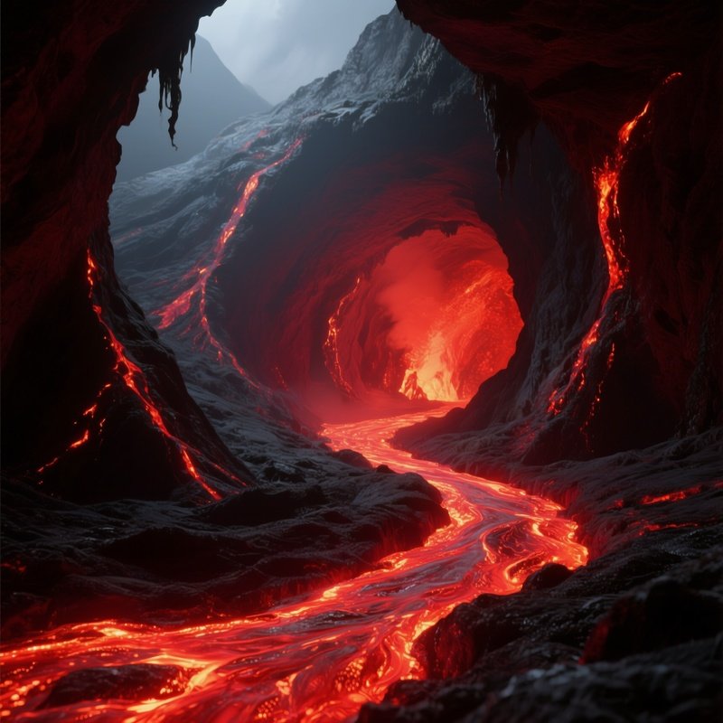 A Volcanic Lava Tube Glowing Red From Underground Flow.