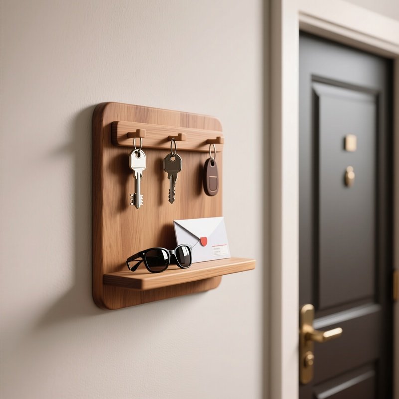 A Wall Mounted Wooden Key Holder With A Small Shelf For Sunglasses And Mail, Located Right Next To The Main Entry Door.