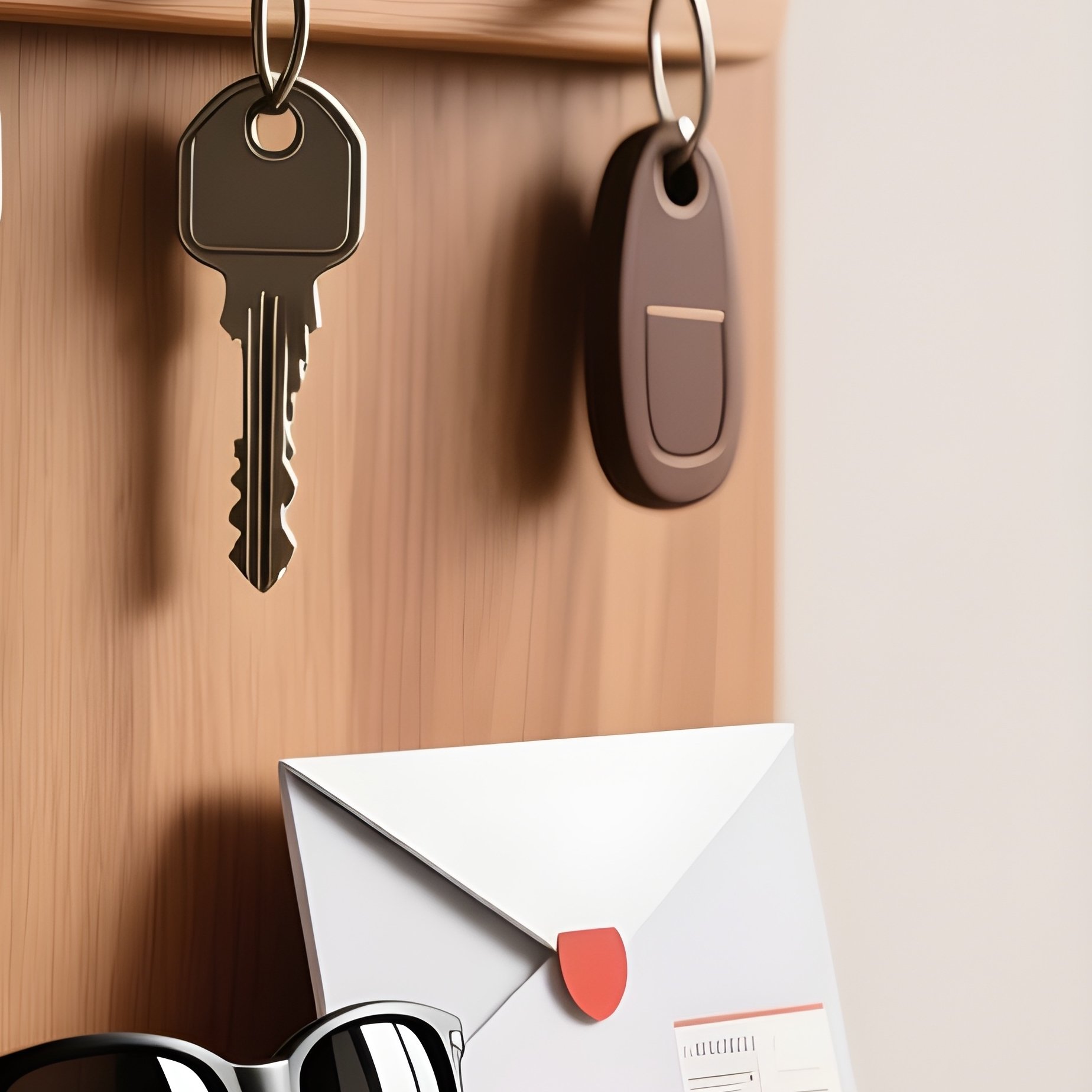 A Wall Mounted Wooden Key Holder With A Small Shelf For Sunglasses And Mail, Located Right Next To The Main Entry Door. - Full Resolution Quality Preview