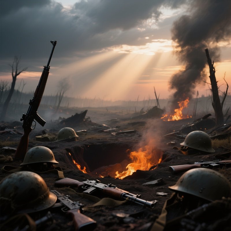 A War Torn Battlefield At Dusk, Smoldering Craters Emitting Faint Orange Smoke, Shafts Of Dim Light