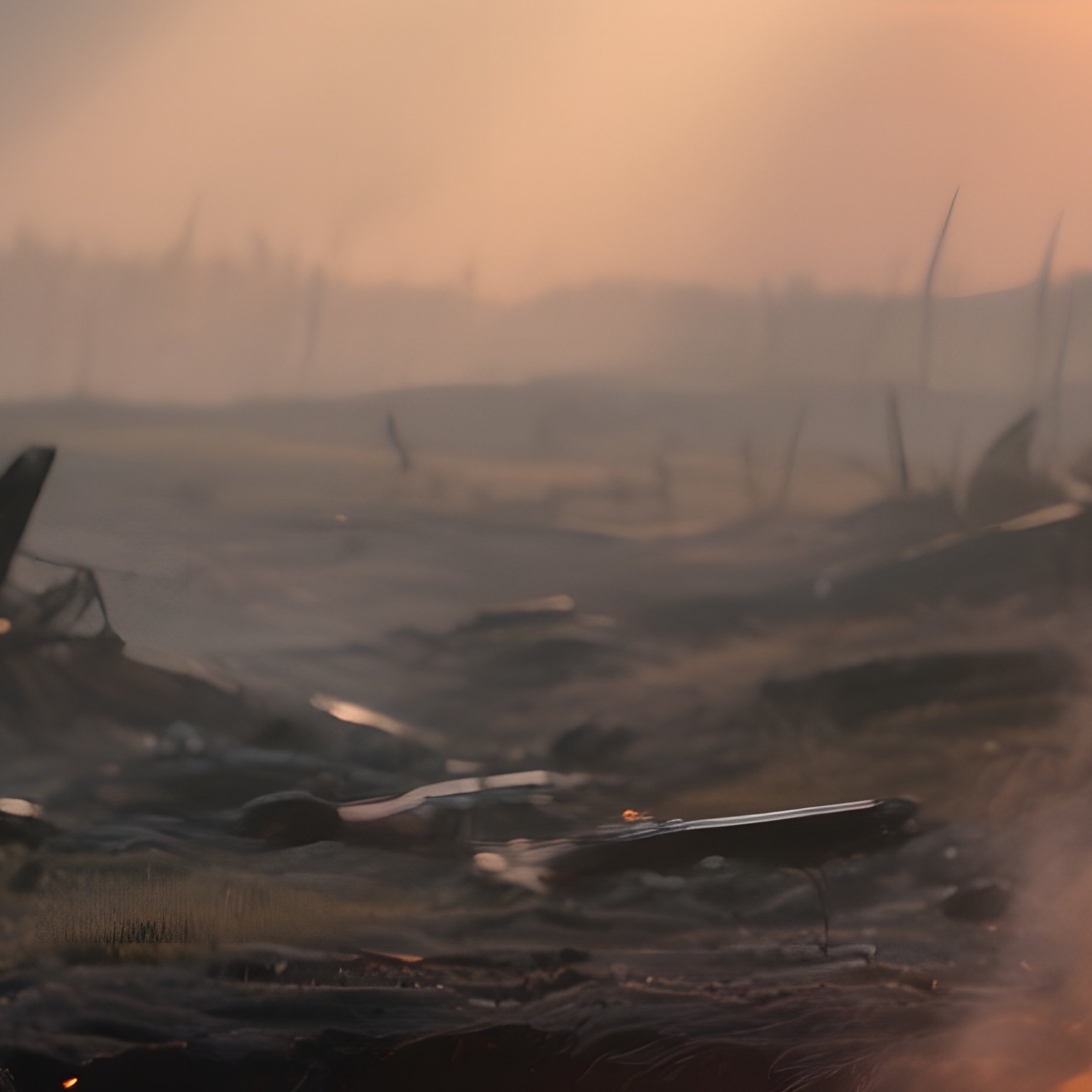 A War Torn Battlefield At Dusk, Smoldering Craters Emitting Faint Orange Smoke, Shafts Of Dim Light - Full Resolution Quality Preview