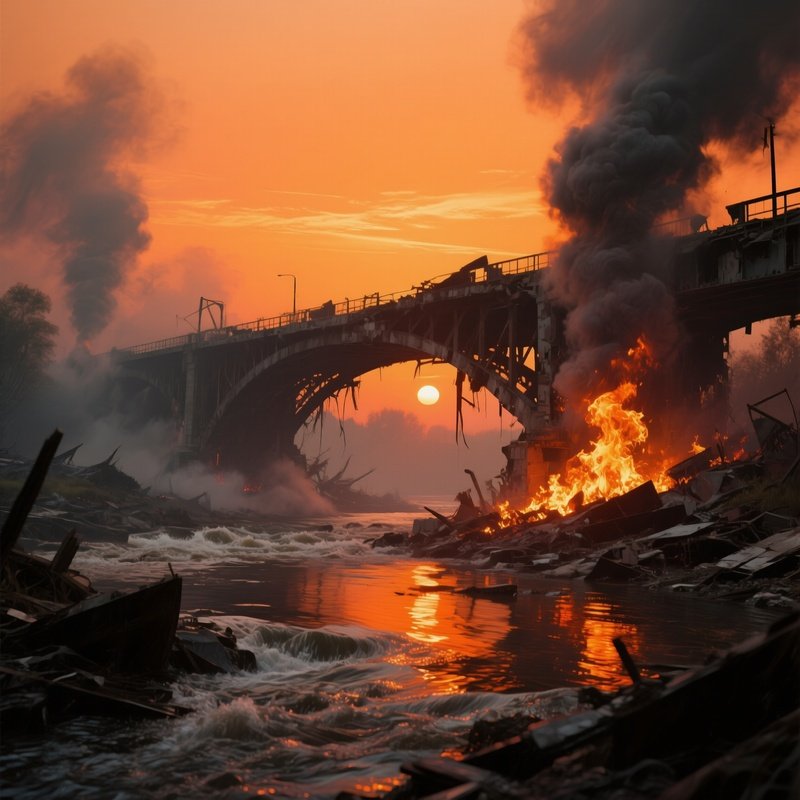 A War Torn Bridge Over A Smoky River At Sunset, Flames Licking The Wreckage While Orange Sky