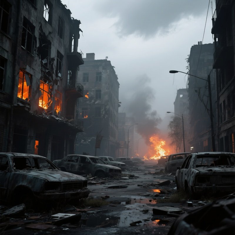 A War Torn City Street Under A Heavy Gray Sky, Broken Windows Reflecting Occasional Glints Of