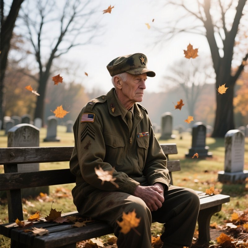 A War Veteran In A Faded Army Cap Sits On A Wooden Bench At A Quiet Cemetery, Autumn Leaves