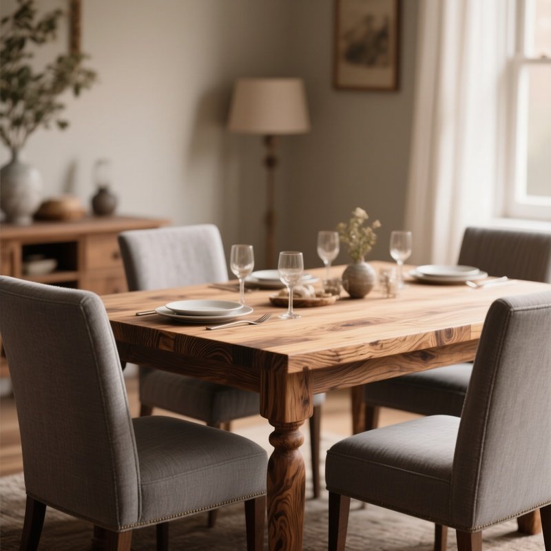 A Warm Dining Room Scene Highlighting A Handcrafted Table With Visible Wood Grain And Upholstered Chairs In Soft Grey