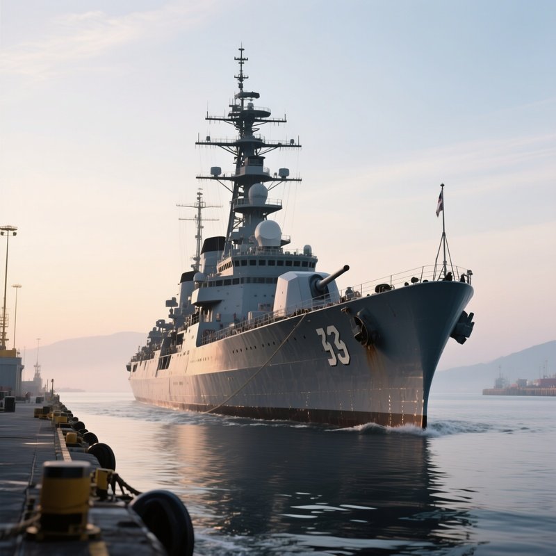 A Warship Leaving Port In Calm Early Morning Seas