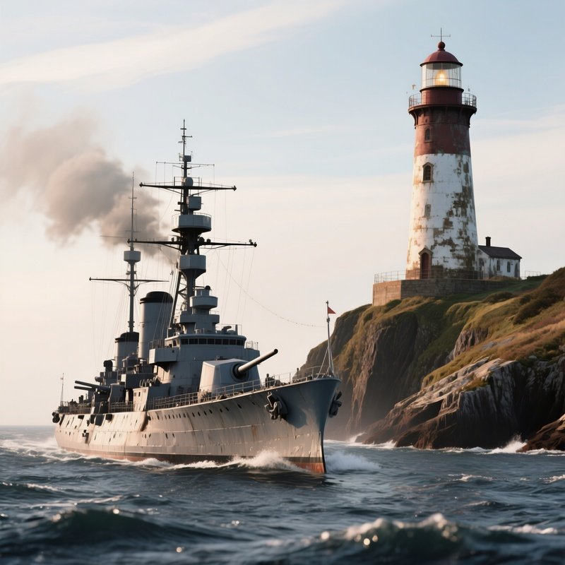 A Warship Moving Past An Old Lighthouse On A Headland