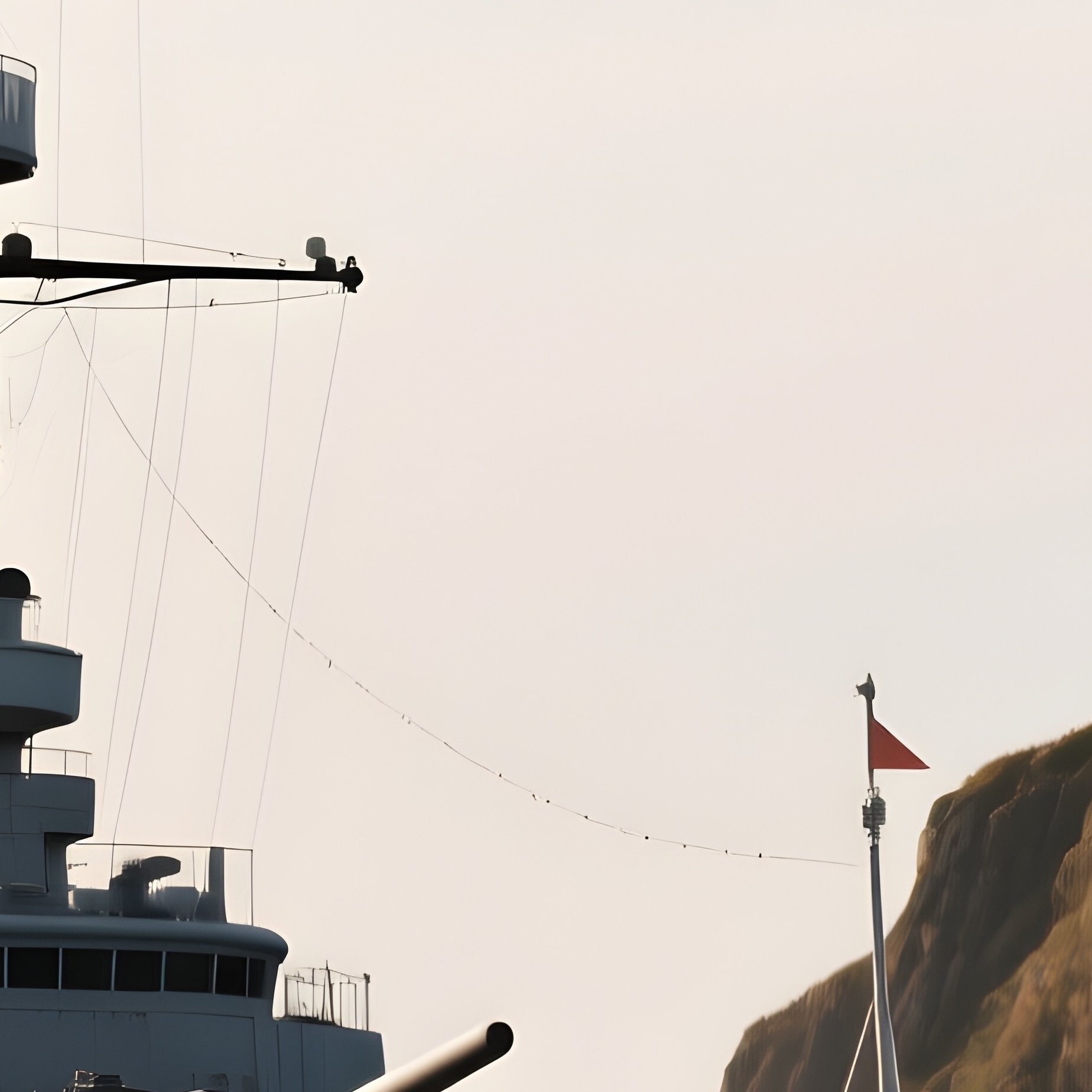 A Warship Moving Past An Old Lighthouse On A Headland - Full Resolution Quality Preview