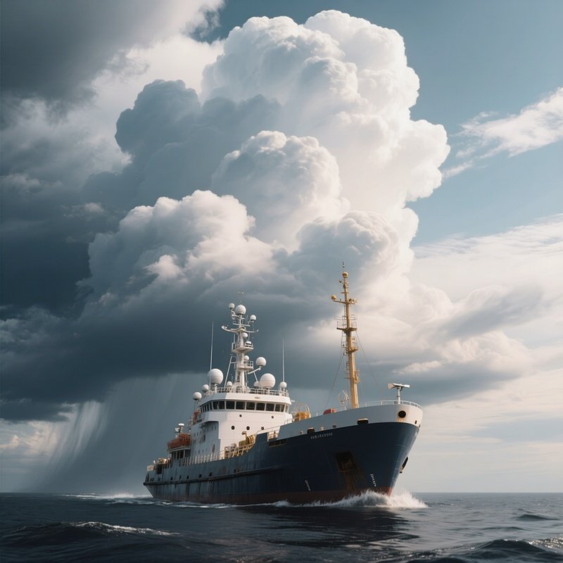A Weather Monitoring Vessel Drifting Beneath Towering Clouds
