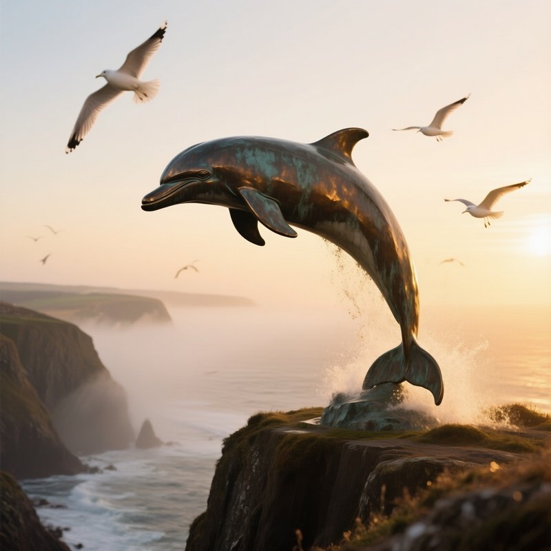 A Weathered Bronze Sculpture Of A Leaping Dolphin Perched On A Misty Coastal Cliff At Sunrise,