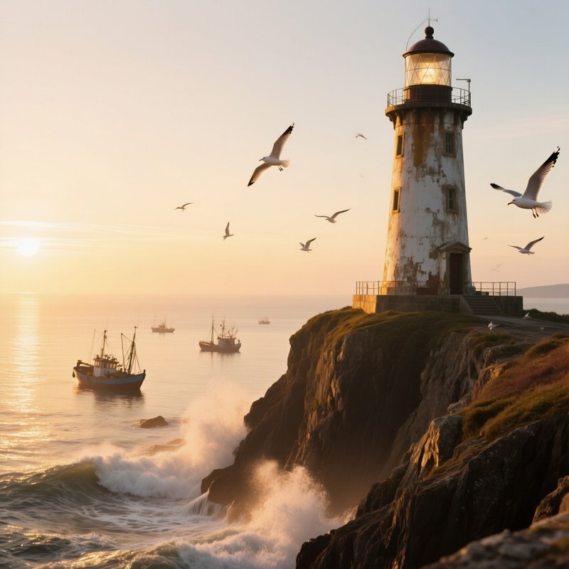 A Weathered Lighthouse Perched On A Craggy Cliff At Sunrise, Golden Light Spilling Over Frothy Sea