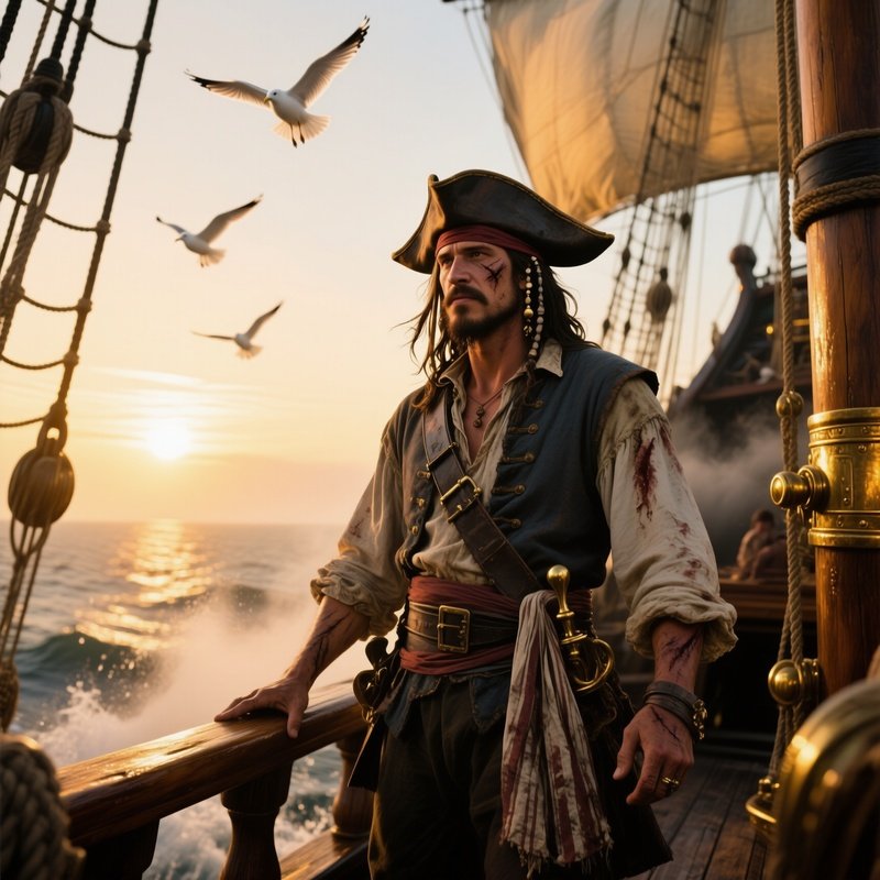 A Weathered Pirate Captain Stands On The Deck Of A Wooden Galleon At Sunrise, Golden Light Glinting