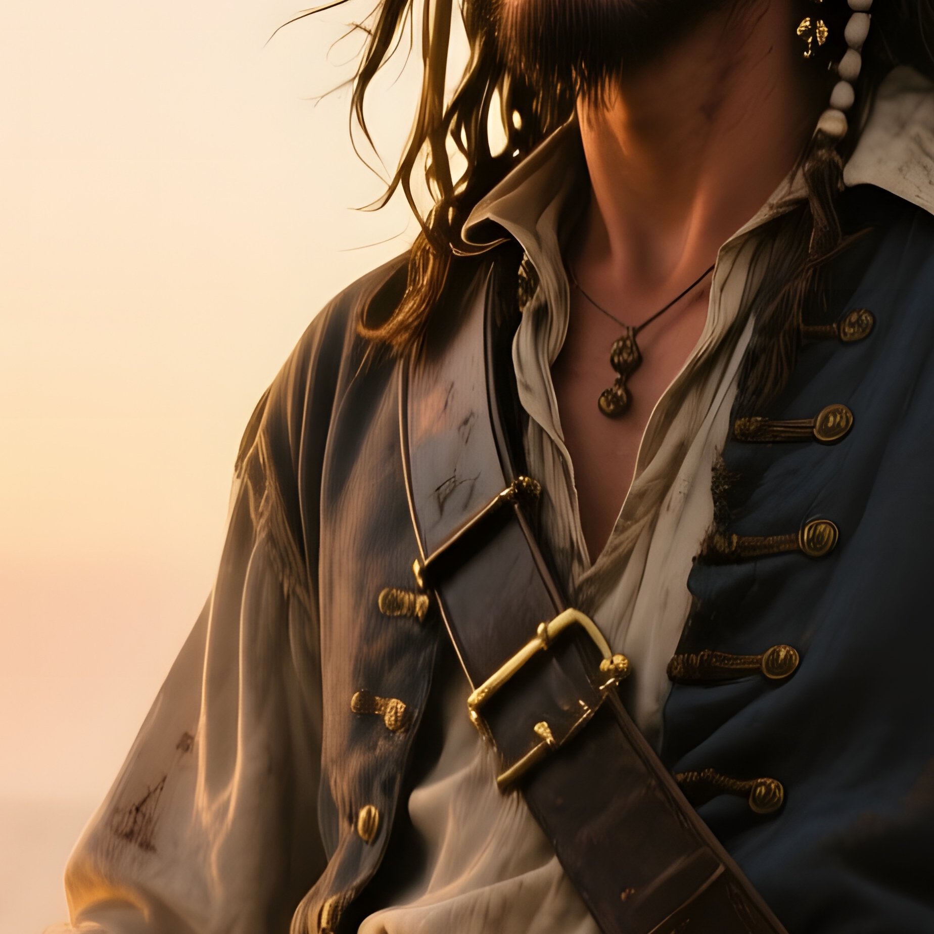 A Weathered Pirate Captain Stands On The Deck Of A Wooden Galleon At Sunrise, Golden Light Glinting - Full Resolution Quality Preview