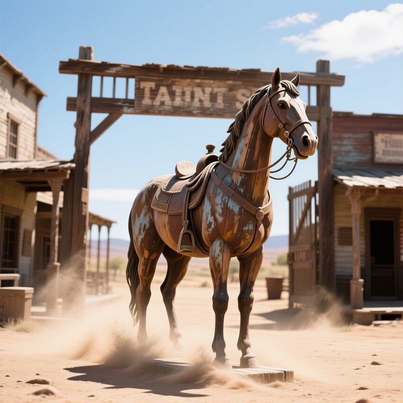A Weathered Wooden Horse Statue Standing Guard At The Entrance Of An Old Western Town Under A