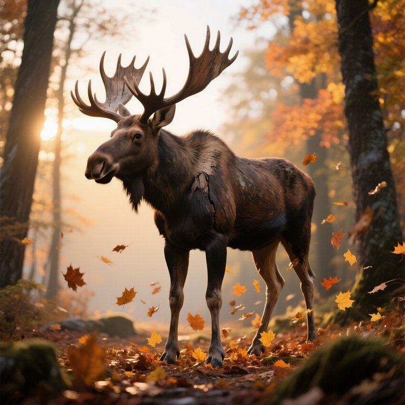 A Weathered Wooden Moose Standing In An Autumn Forest With Fallen Leaves Swirling Around Its Legs,