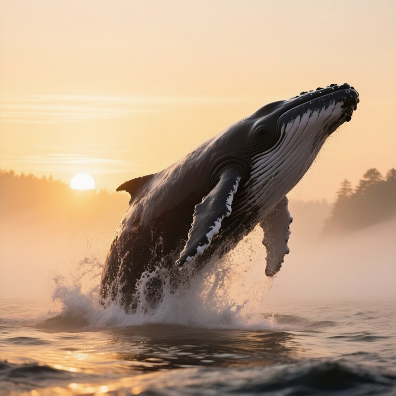 A Whale Breaching In Golden Sunrise Fog.