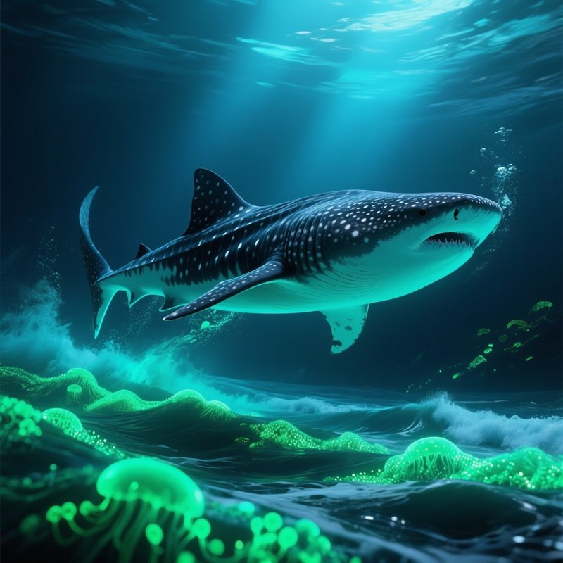 A Whale Shark Swimming Through Glowing Plankton In Bioluminescent Surf.