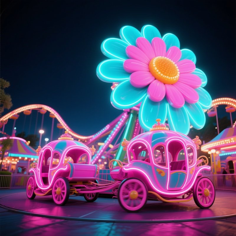 A Whimsical Amusement Park Ride Where Carriages Are Shaped Like Oversized Pop‑Art Daisies In