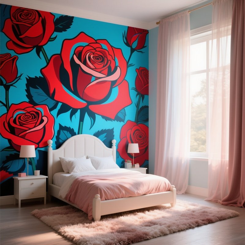 A Whimsical Bedroom Scene With A Large Wall Mural Of Pop‑Art Roses In Vivid Red And Electric Blue,