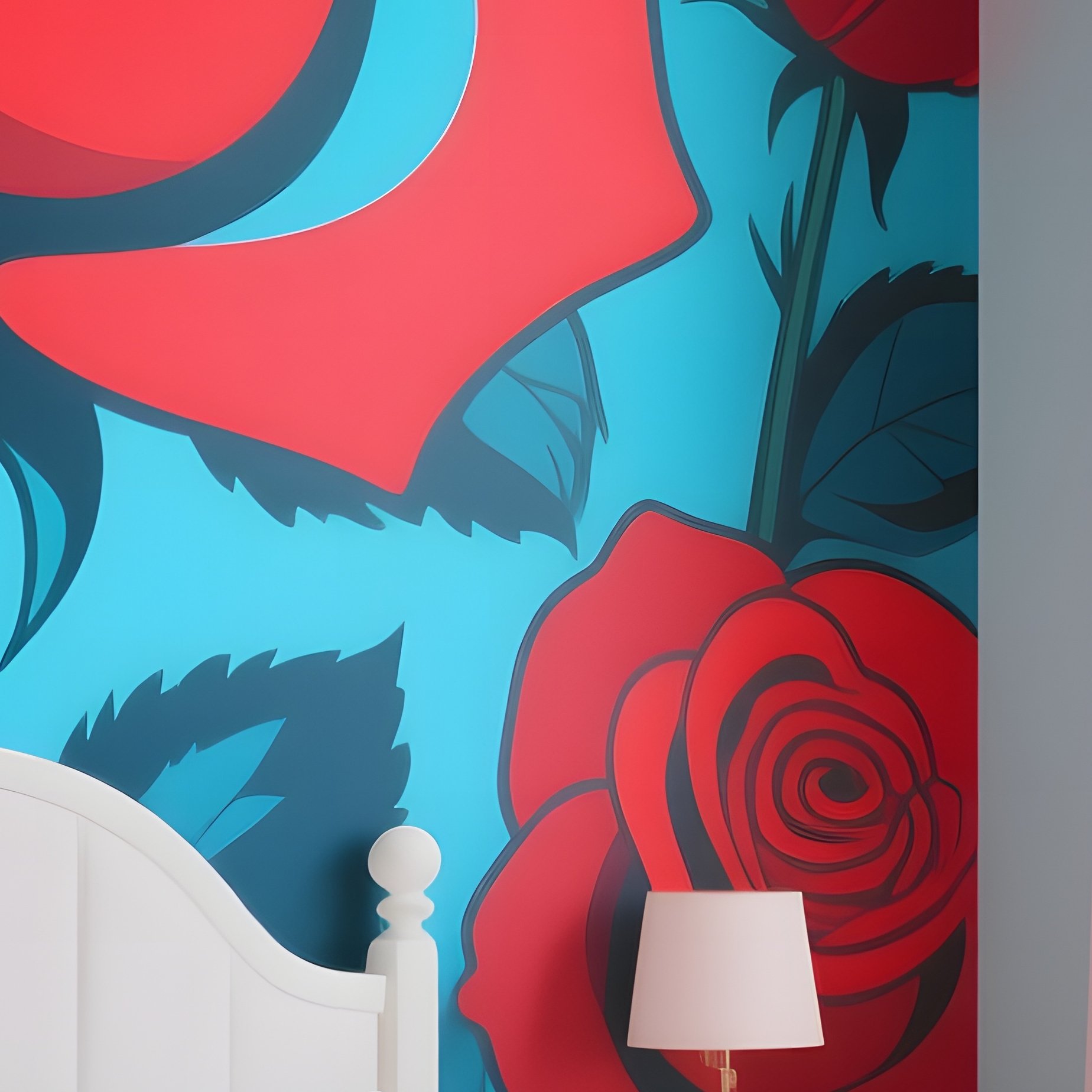 A Whimsical Bedroom Scene With A Large Wall Mural Of Pop‑Art Roses In Vivid Red And Electric Blue, - Full Resolution Quality Preview
