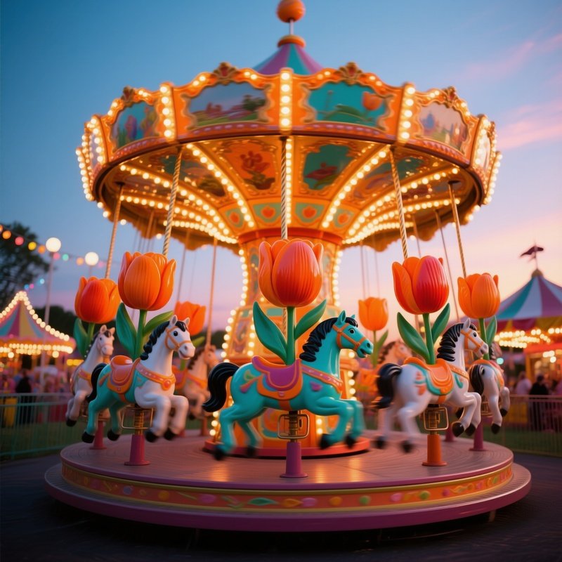 A Whimsical Carousel Ride Where Each Horse Is Replaced By A Rotating Pop‑Art Tulip In Vibrant