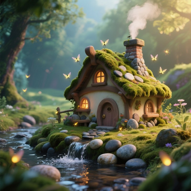 A Whimsical Fairy‑Tale Cottage Of Smooth River Pebbles And Moss Roofs Sits Beside A Bubbling Spring